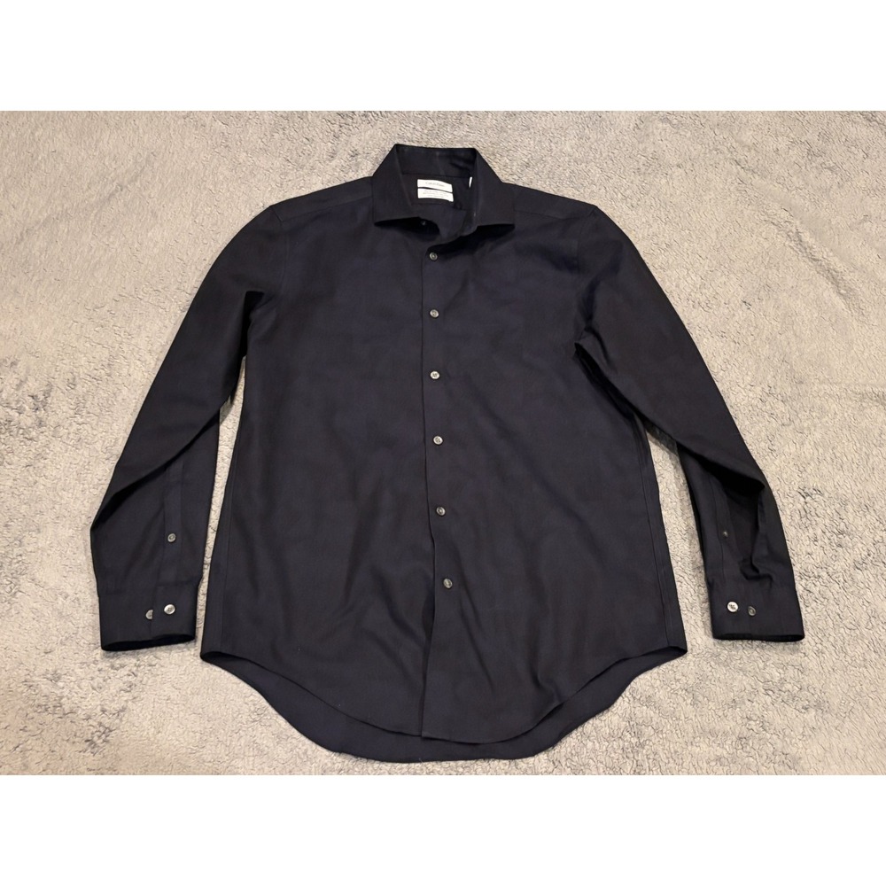 Calvin Klein Shirt Mens 15.5 32 Slim-Fit Performance Non-Iron Navy Blue Pattern